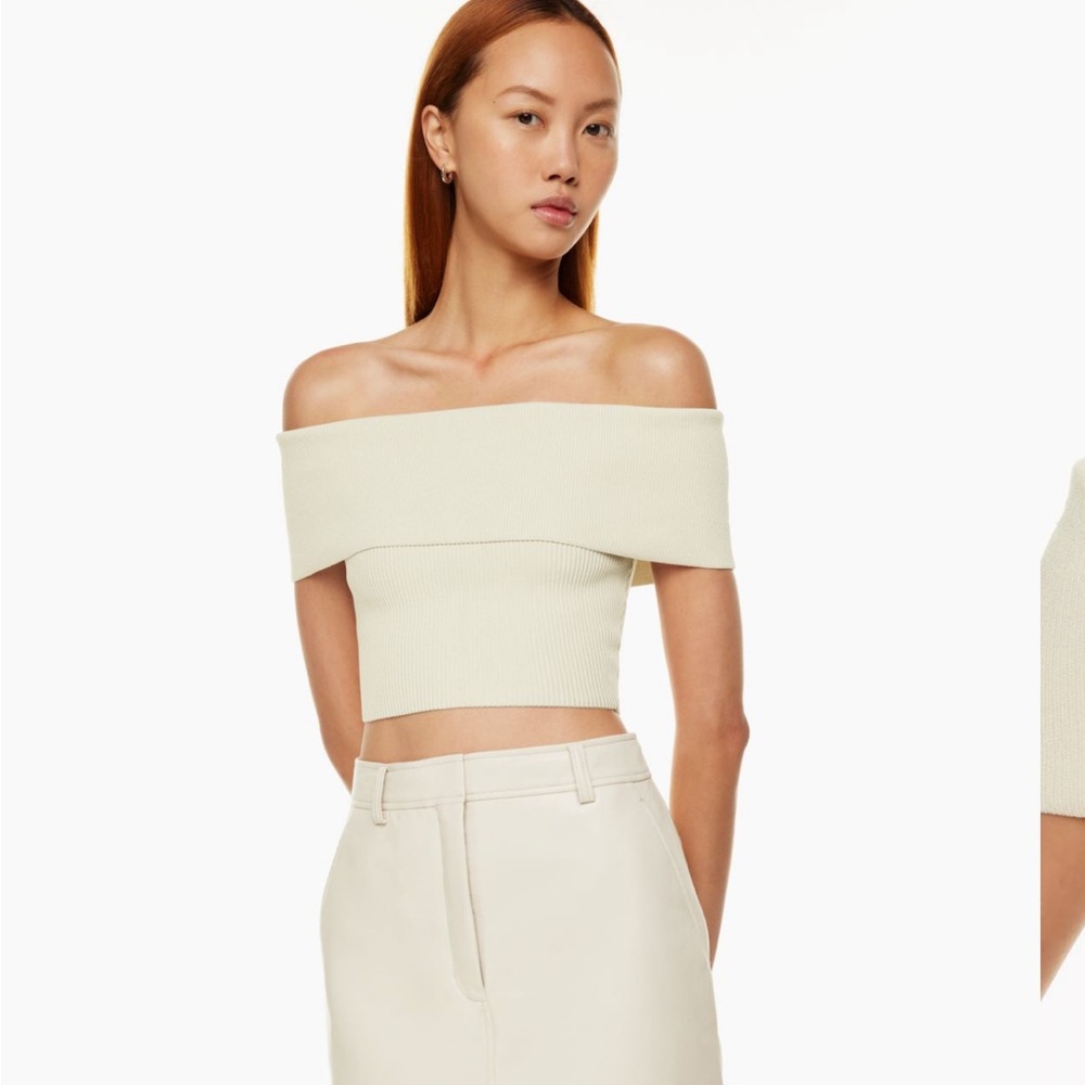 Aritzia Babaton Sculpt Knit Off-Shoulder Top in Matte Pearl